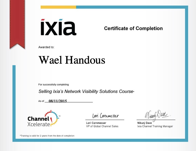 Ixia Network Visibility certificate for Wael Handous